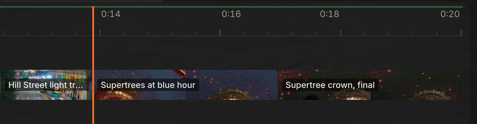The end of the timeline: the playhead on Supertrees at blue hour, with Supertree crown, final after it.