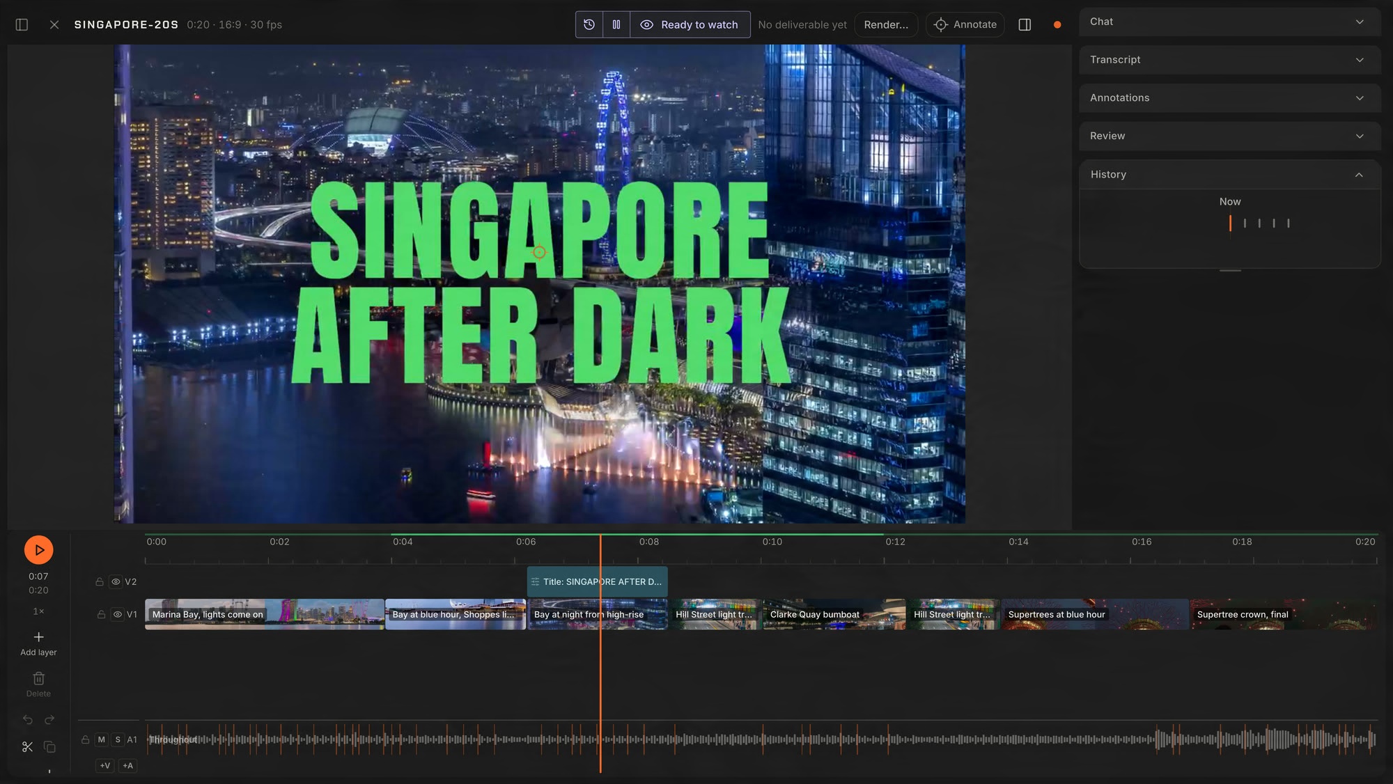 The Agent Studio desktop workspace: the Singapore After Dark title in green over the bay at night, the clips on the timeline below and the side panels folded.